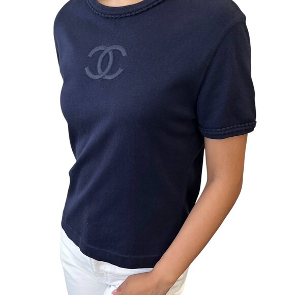 CHANEL Vintage CC Mark Logo Knit T-shirt Top Short Sleeve #38 Dark Blue [106343] - Picture 2 of 11